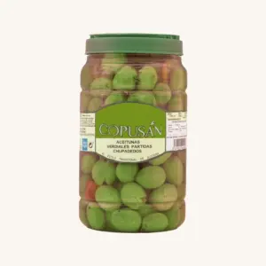 Copusan Chupadedos split green olives (Aceitunas verdes partidas Chupadedos), from Malaga, jar 700g