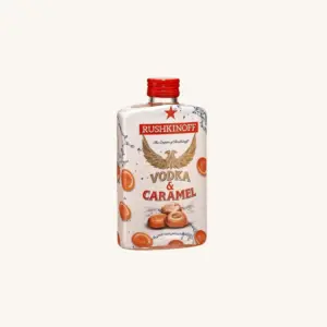 Rushkinoff Caramel vodka base liquor (licor vodka caramelo), from Mallorca, plastic flask 35ml