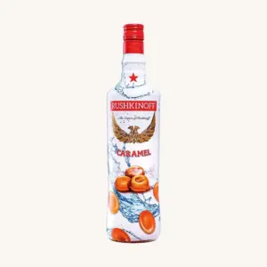 Rushkinoff Caramel vodka base liquor (licor vodka caramelo), from Mallorca, bottle 1 liter